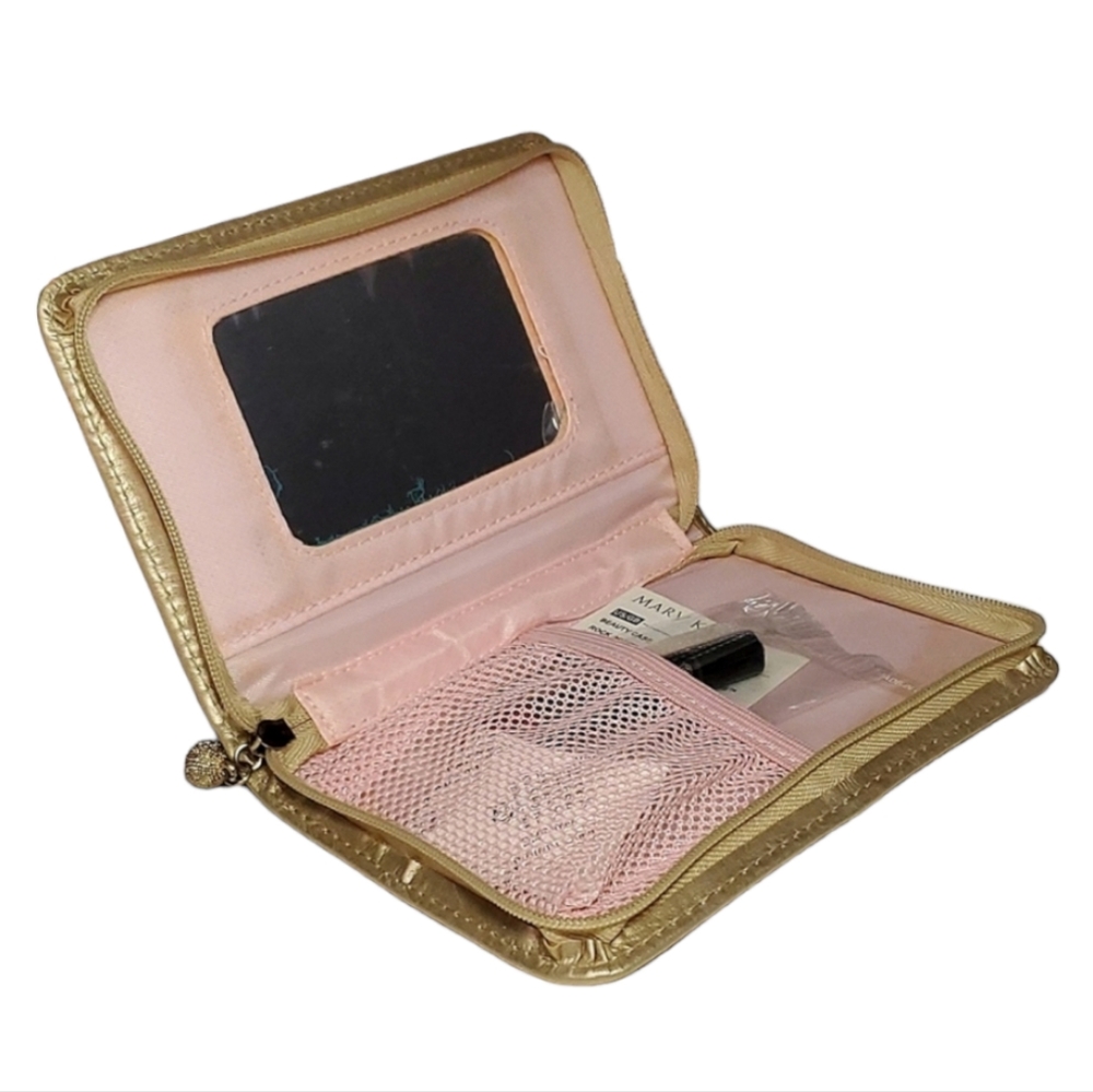 NEW Mary Kay Gold Zip-Up Beauty Case w/ Mini Nourishine Lip Gloss